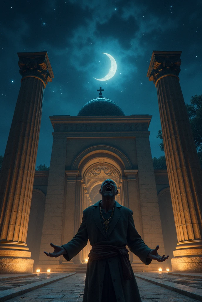naughty man ,shouting up ,in the dark ,Jerusalem temple in the background.