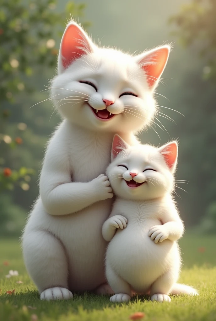 "a realistic, bodybuilder white cat With a white pregnent white lady cat, Expression-smiling.Boths cat colour-white"