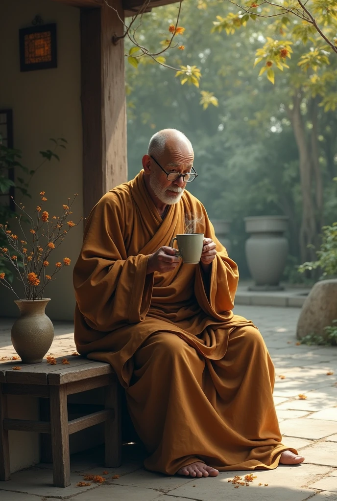 Monk drinking coffee