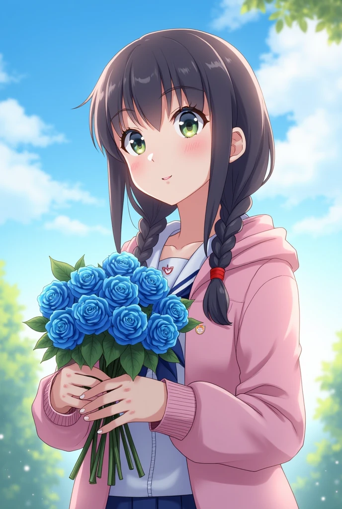 A woman in a student uniform with no buttons on the collar and a pink hoodie over it, holding a bouquet of blue roses, smiling with no teeth, looking straight ahead, with two braids, standing against a noon sky, realistic.