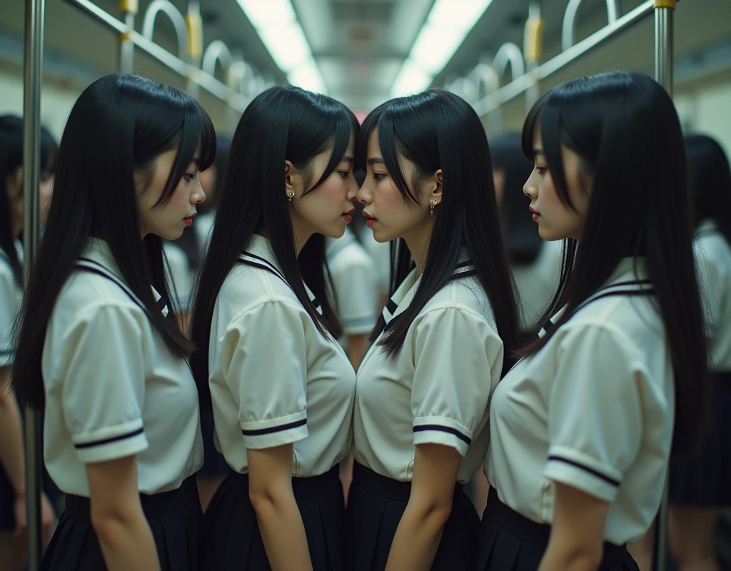 (Japanese Clone-girls=Myself), (Super Best masterpiece Clone-girls Raw Photography Art), (16K, Highest quality, Ultra-high resolution, RAW Photos), (It's so unrealistic., With unparalleled depiction, With an unfathomable sight, An unprecedented and shocking worldview, Clone-girls: In a world of mass reproduction, Ultra-realistic depiction), (Japanese Girls, Hamabe-Minami, 18yo), (Small face, Thick black hair, long hair, Dark Eyes, Mature face, Cute Smile, Smiling face, A gentle gaze), (Very pleasant look), (Very beautiful and detailed girl, Accurate body structure, Accurate body movements, Very detailed body), (Super big breasts, Large bulge of ample breasts), (high school girl, White shirt, Short skirt, hour々I can see your pants, Cleavage Emphasis, Emphasise the fullness of your breasts), (Very detailed, Myself cloning, Depiction of splitting oneself, 1Myself girl→1,000,000,000,000,000,000,000,000,000,000Myself cloning girls), (Myself clone girlsは, With the same perfect appearance, to multiply in large numbers), (Very detailed depiction, Myself's multiplying female body, In the same female body,With the same face, With the same hairstyle, In the same clothes, At the same height, 同じSuper big breastsで, A completely indistinguishable female body, 1,000,000,000,000,000,000,000,000,000,000 people), (Myself girls only), (1,000,000,000,000,000,000,000,000,000,000Myself girls), In a crowded train, Amazing super close contact, Packed, Myself in the crowd, Physical contact, hug, Chest to Chest, kiss, Touching breasts, Happy smile, No front shot