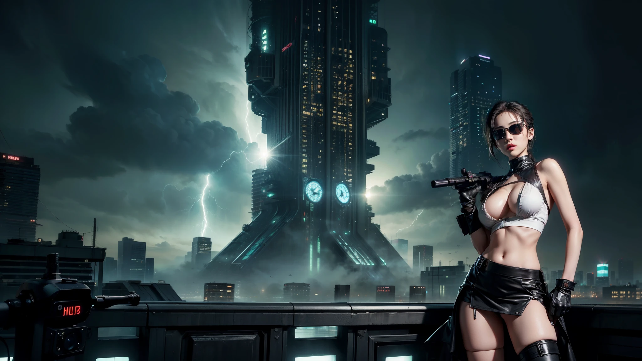 (Wide angle view). Matrix film inspired city, simple outlined neon tall buildings, glowing giant clock tower, lightning, close-up glowing matrix cascading code, 3D rendering Beeple. At night, (1girl, solo, alone), photorealistic, large-breast slim:0.6 body, oval:0.5 face, cleavage:1.1, miniskirt, deep-v, ((upskirt)), glove, (Matrix style black micro sunglasses), ((aiming viewer with a short gun)), (half-body thigh level close-up shot), cinematic lighting, ray tracing.