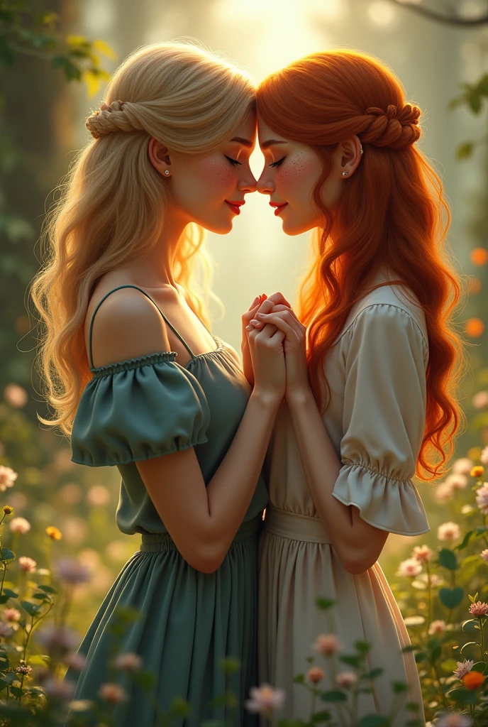 Blonde woman, ginger woman with freckles, holding hands, romantic scenery, realistic, detailed