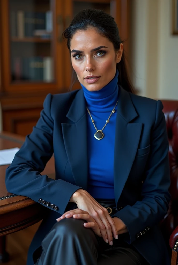 photo of a completly clothed prime minister of parliament woman with a smile sitting on her desk legs crossed ,waitin for the man she loves , monica bellucci at 32 , ((incredibly clear clear blue eyes )) (( flirting with the camera)) (( smart smiling lookin at the camera)) (( red lipstick)) (( Monica is dressed with a blue tellier jacket blue turtleneck sweater , gold chain, and a large covering all her legs black long maxi-skirt(black long maxi-skirt:1.2 )) (( black soft stiletto Leather boots )) (( black ponytail hair)) (( she is wearing his favorite vintage grey silk gloves )) (( she is sensually caressing her black boots)) (( the photo is from up front from above )) 4k 8k ultradetailed, kodak print, detailed realistic face, 4k 8k ultradetailed, smooth images, realistic woman, detailed eyes, detailed face, detailed lips