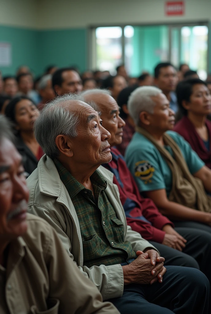 Hundreds of elderly Thai men and women sat waiting to receive medicine in front of the nurse's room in the hospital, looking chaotic.