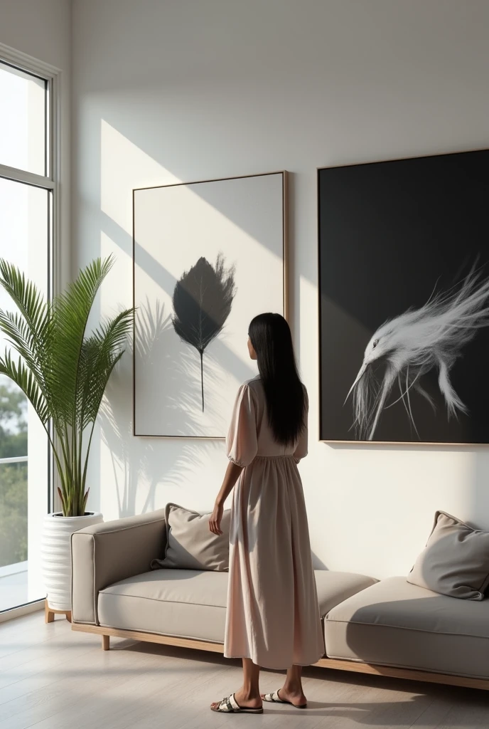 A Brazilian woman from behind admiring two black and white paintings on the wall above the sofa, large and well-lit room