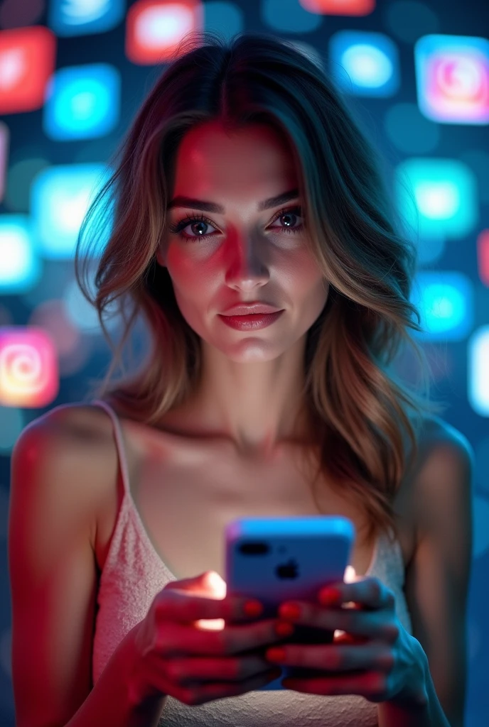 a social media image picturing a beautiful lady with a mobile phone. Social media images everywhere