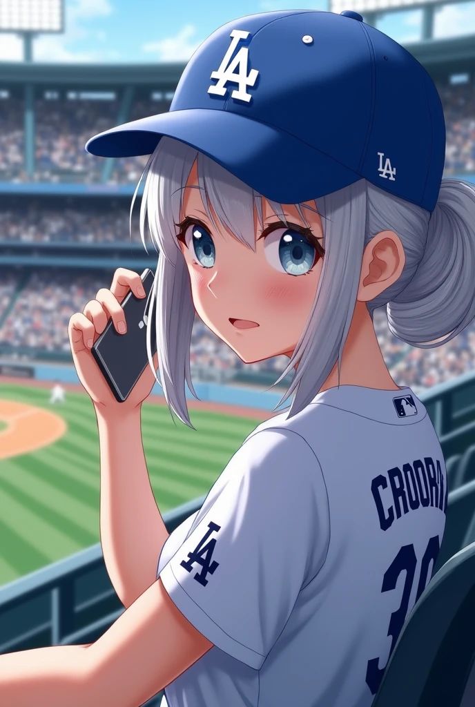 nsfw (RAW Photos, Highest quality, masterpiece: 1.2), (Realistic: 1.4), Best lighting,Japanese、 20-year-old,Beauty (Light grey hair, Shortcuts, Hair above the ears, Symmetrical eyes, Fair skin, alone, Detailed skin, Detailed Background:1.2), Front view, smile, Angle from field to spectator seating, Sitting in the stands at a baseball stadium watching the game, Holding the iPhone 15 Pro in one hand, Many spectators, Wearing a Los Angeles Dodgers baseball cap and Los Angeles Dodgers uniform, Large Breasts,Big Breasts, accessories, Tie your hair back, Daytime, Exposure to sunlight