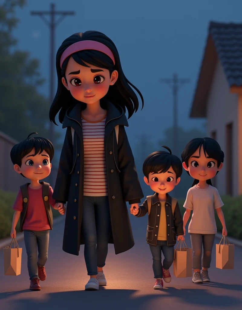 An image showing a black-haired woman with a pink headband, black coat and striped blouse with 4 children leaving the house, with simple bags in their hands, looking back one last time. The scene may show the house in the background, com as luzes apagadas, symbolizing the abandonment of the place of pain. disney pixar style 3d. 