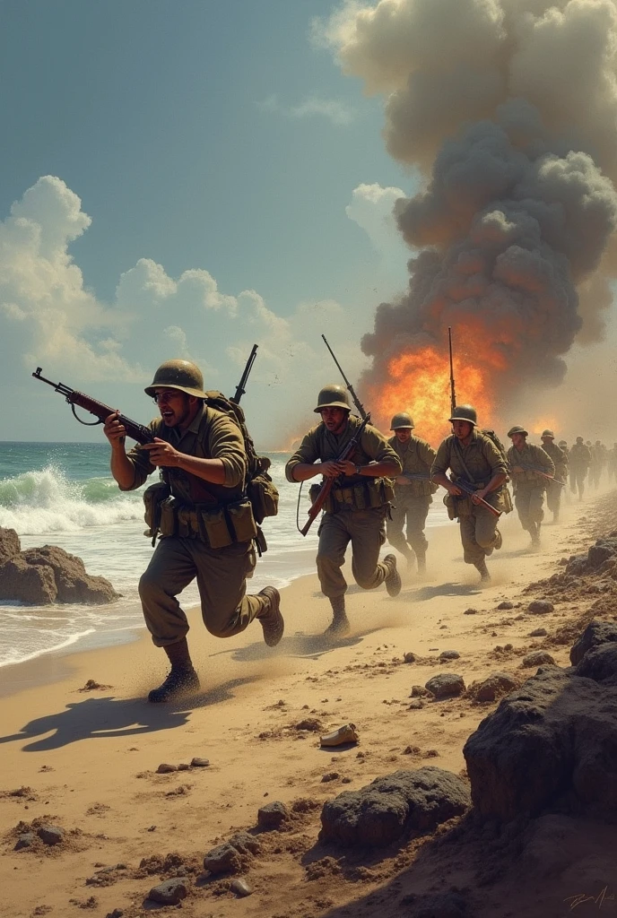 Chilean troops landing on the beaches of Pisagua, with explosions and smoke in the background as soldiers advance.