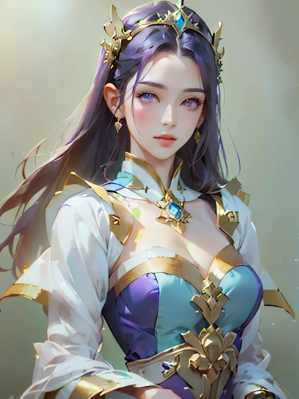 A woman posing in a purple outfit with gold accents, 8K high quality, detailed art, Uropa Art, Beautiful and attractive anime woman, Beautiful Fantasy Empress, Ultra-detailed fantasy characters, Vrop Rosdroze, Anime Goddess, 2. 5d cgi anime fantasy artwork, Fantasy art style, Highly detailed art gems, Beautiful character drawings