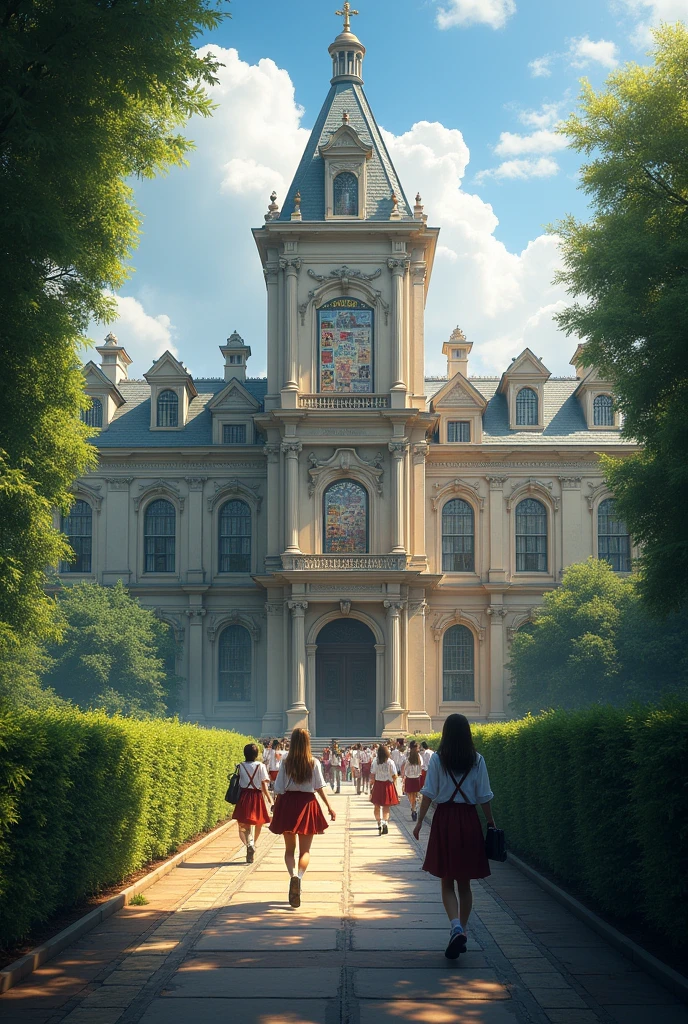 The picture should look very realistic through the hedges you can see a huge building that is a school in front of the school you can see students running around in uniforms at the school there are several posters everything is very mystical and enchanted