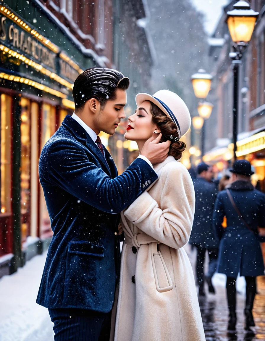 Vintage photography style, Art Deco，best quality,8K,high resolution,Very detailed，very clearly，Snowy Days，Commercial Street，（Many fashionable boys and girls are shopping），（Warm and lively atmosphere）， Delicate texture，Smooth visible velvet，Wear pearl jewelry，High-end decoration，The male and female protagonists kiss，People around cheered and applauded 