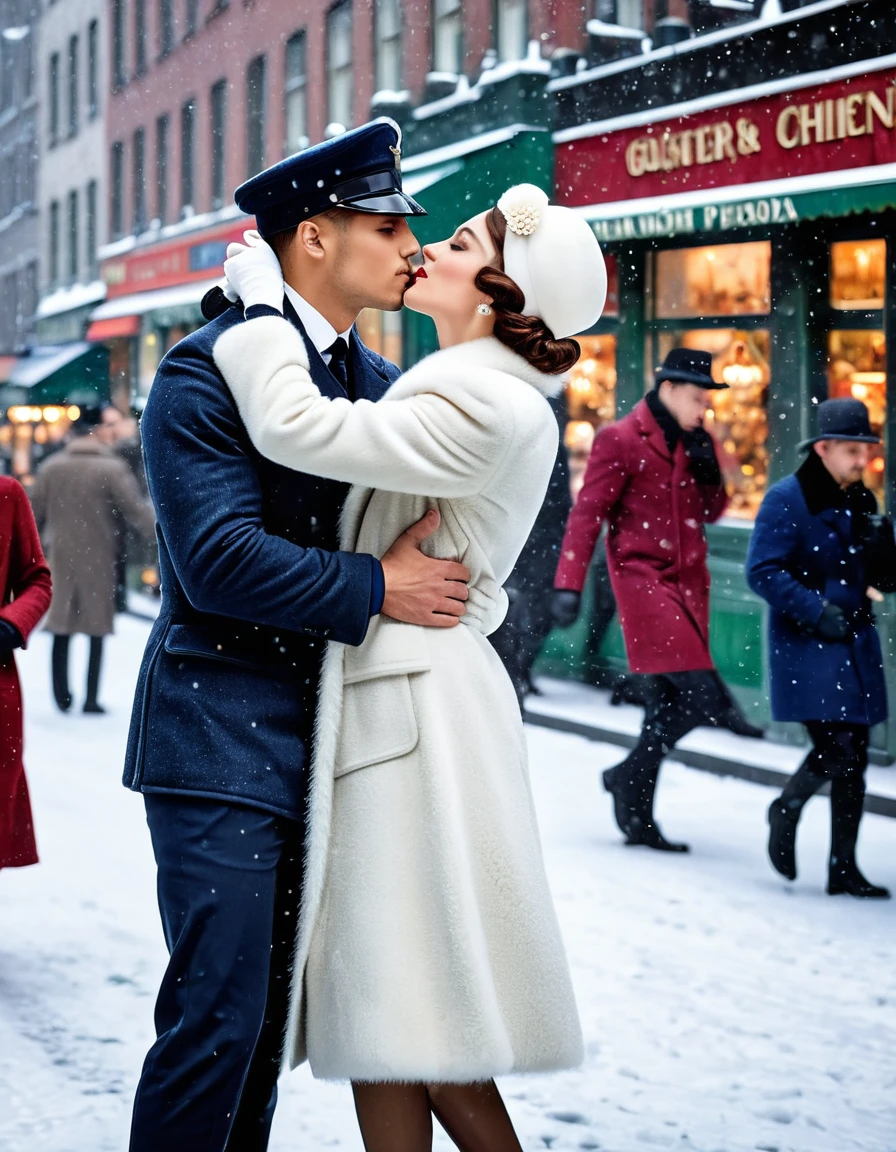 Vintage photography style, Art Deco，best quality,8K,high resolution,Very detailed，very clearly，Snowy Days，Commercial Street，（Many fashionable boys and girls are shopping），（Warm and lively atmosphere）， Delicate texture，Smooth visible velvet，Wear pearl jewelry，High-end decoration，The male and female protagonists kiss，People around cheered and applauded 