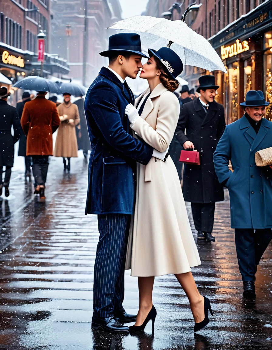 Vintage photography style, Art Deco，best quality,8K,high resolution,Very detailed，very clearly，Snowy Days，Commercial Street，（Many fashionable boys and girls are shopping），（Warm and lively atmosphere）， Delicate texture，Smooth visible velvet，Wear pearl jewelry，High-end decoration，The male and female protagonists kiss，People around cheered and applauded 