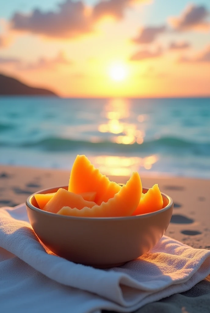 (photorealism:1.2), small bowl of melon on a towel at blue beach at sunset