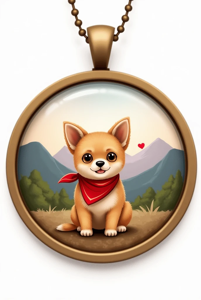 A circular design for a tiny painting inside of a locket. A circular mural with a cute, small brown dog with a red bandana, the design needs to be pretty and simple, the dog is standing in front of a beautiful mountainous landscape, try to use pretty contrasting colors