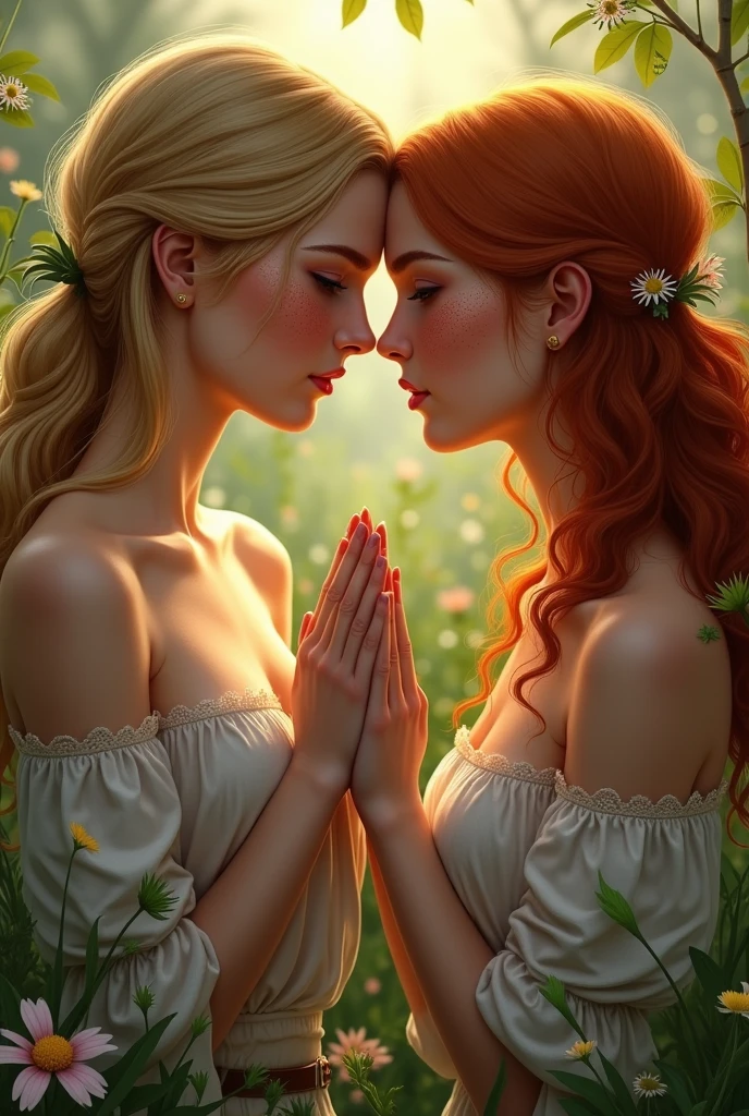 Blonde woman, ginger woman with freckles, holding hands, romantic scenery, realistic, detailed, close up.
