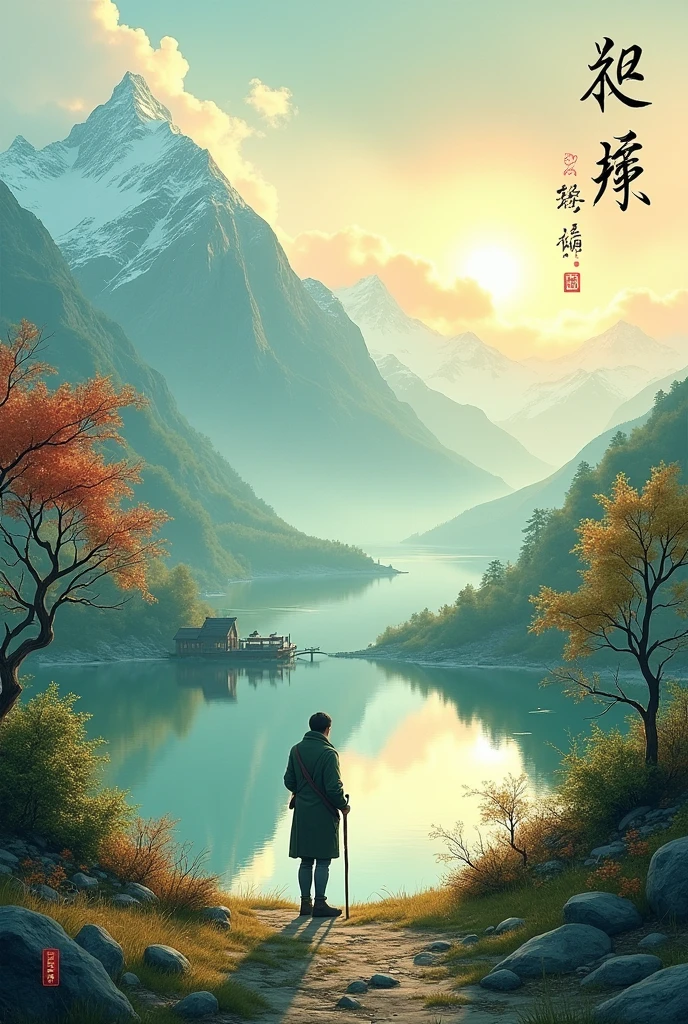 Cold mountains turn green,Autumn water rippling。Leaning on the stick outside the firewood gate,Listening to the evening cicada in the wind。 The sunset over the ferry,Solitary smoke in the ruins。complex value pick up drunkenness,Kyoka Goryu-mae。((( Write in traditional Chinese characters from top to bottom in the upper right corner of the screen"Cold mountains turn green,Autumn water rippling"。these words )))