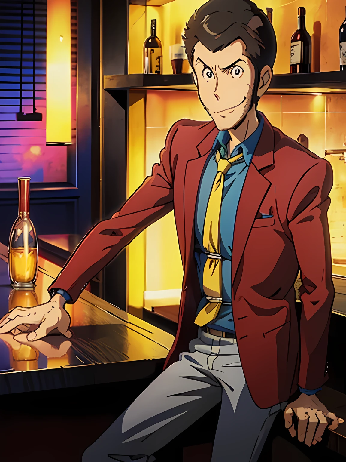 Lupin, Red jacket, Blue shirt, yellow tie, very short hair, Close-up, Good atmosphere, Natural side Lighting, Toon Shader Rendering, ((Bar counter Background)), Surreal Scene, Slightly Smile with mouth closed, With a glass in hand, Anime style illustration