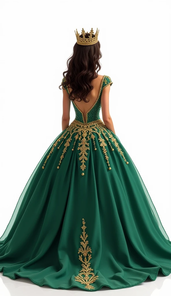 Make an illustration on a white background, of a quinceañera dressed in a majestic emerald green dress with gold details. the quinceañera is facing away. The design is elaborate and elegant, with a style worthy of royalty and high society, highlighting the young woman's social status. The dress has a neckline that reveals the high back and shoulders., with gold embroidery that stands out against the green background. The skirt is wide and voluminously adorned with the same golden details.. Her hair, dark brown, It is combed in soft waves that fall over her back.. besides, She wears a golden crown that completes her royal and sophisticated look., which makes her look like a princess on her special day.