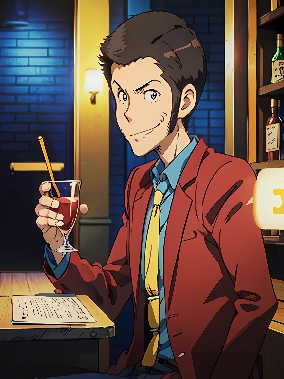 Lupin, Red jacket, Blue shirt, yellow tie, very short hair, Close-up, Good atmosphere, Natural side Lighting, Toon Shader Rendering, ((Bar counter Background)), Surreal Scene, Slightly Smile with mouth closed, With a glass in hand, Anime style illustration