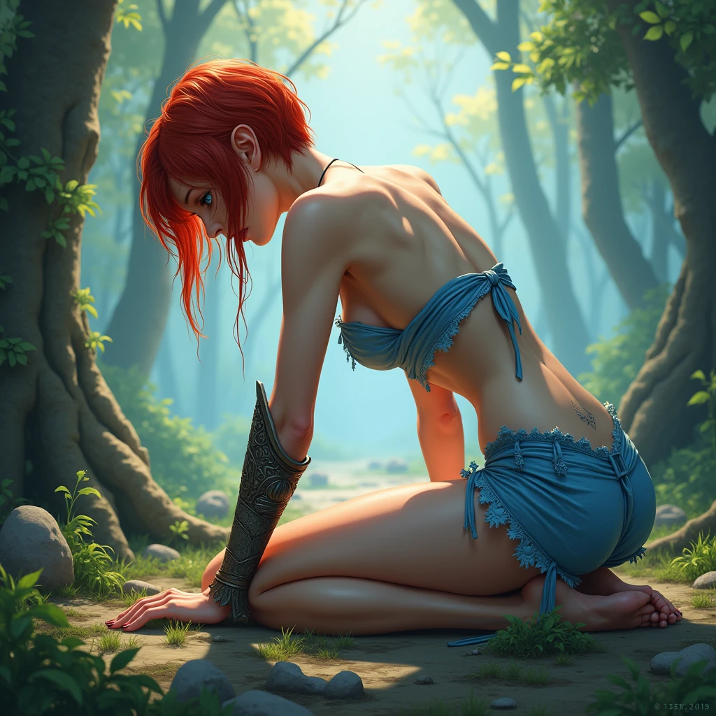 A (((full-body))), ((ultra-detailed)), ((masterpiece)) fantasy art ((illustration)) of a ((World of Warcraft)) character, in the style of the video game. She is a beautiful, young, female (((human))) with (((very short red hair))) and blue eyes. She has exquisite caucasian features and ((very pale)) ((milky-white skin)). She has a ((very slim body)), with a tiny waist and ((skinny limbs)), but her ((breasts are enormous and round)), and they look far too big for her slender little body. She is wearing only a skimpy light blue rags that are severely ripped and torn, barely clinging to her and covering almost nothing, revealing massive cleavage, exposing her midriff, and leaving her ((very thin thighs)) completely bare. Her porcelain skin is shiny with a ((sheen of sweat)). She is bent over on the ground, with her face to the ground and her ass in the air, in a ((defeated pose)) that shows off her ((skinny thighs)) and with her ((tight little ass)) facing the camera . She is in a brightly-lit forest and pieces of discarded plate armor can be seen on the ground. Her (((whole body from head to toe))) is shown.