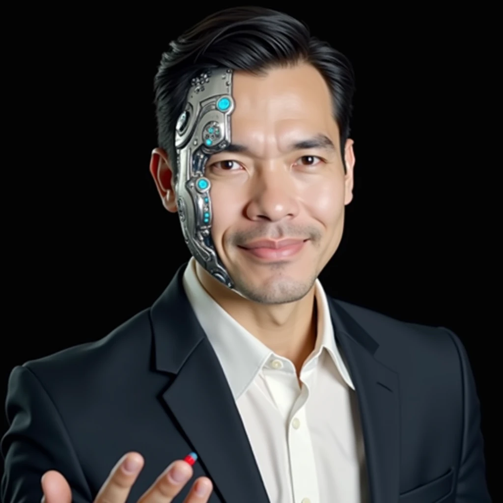 {
  "prompt": "A futuristic AI-generated man with half of his face robotic, standing in a sleek, high-tech environment. The human side of his face appears calm and composed, while the robotic side is detailed with metallic components and glowing circuits. He holds two pills, a red one in his right hand and a blue one in his left, with his arms extended outward, creating a balanced, symmetrical pose. The image is wide, capturing the man from all angles with a slight rotation to showcase his futuristic design. The background is a blend of advanced technology and cyberpunk elements, adding depth to the scene."
}
