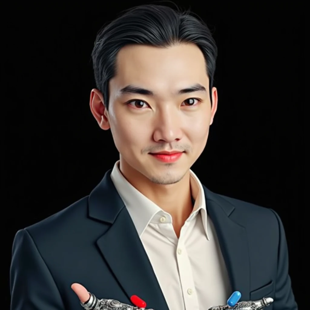 {
  "prompt": "A futuristic AI-generated man with half of his face robotic, standing in a sleek, high-tech environment. The human side of his face appears calm and composed, while the robotic side is detailed with metallic components and glowing circuits. He holds two pills, a red one in his right hand and a blue one in his left, with his arms extended outward, creating a balanced, symmetrical pose. The image is wide, capturing the man from all angles with a slight rotation to showcase his futuristic design. The background is a blend of advanced technology and cyberpunk elements, adding depth to the scene."
}
