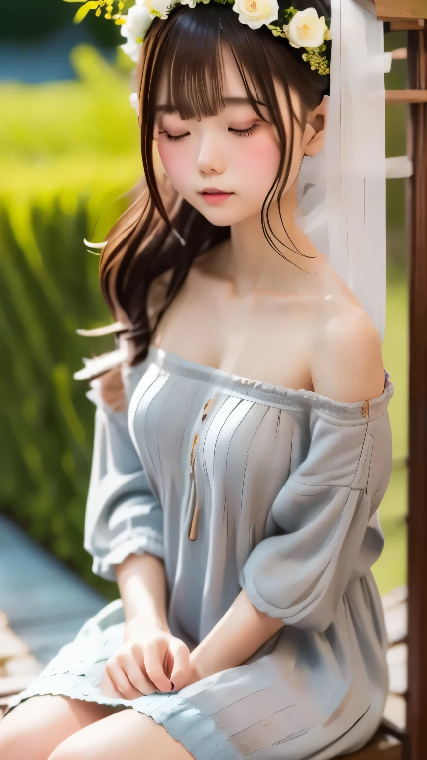 Highest quality、masterpiece、grayとvermilionの調和アート、gray、Perfect Anatomy、Girl Closing Her Eyes、cute、、profile、Black off-the-shoulder dress、Sitting Girl、Wabi-sabi art、gray、vermilion、white、Perfect artistic harmony、Fantasy、vermilionの花、grayの葉、Modest Flower、Simple configuration、