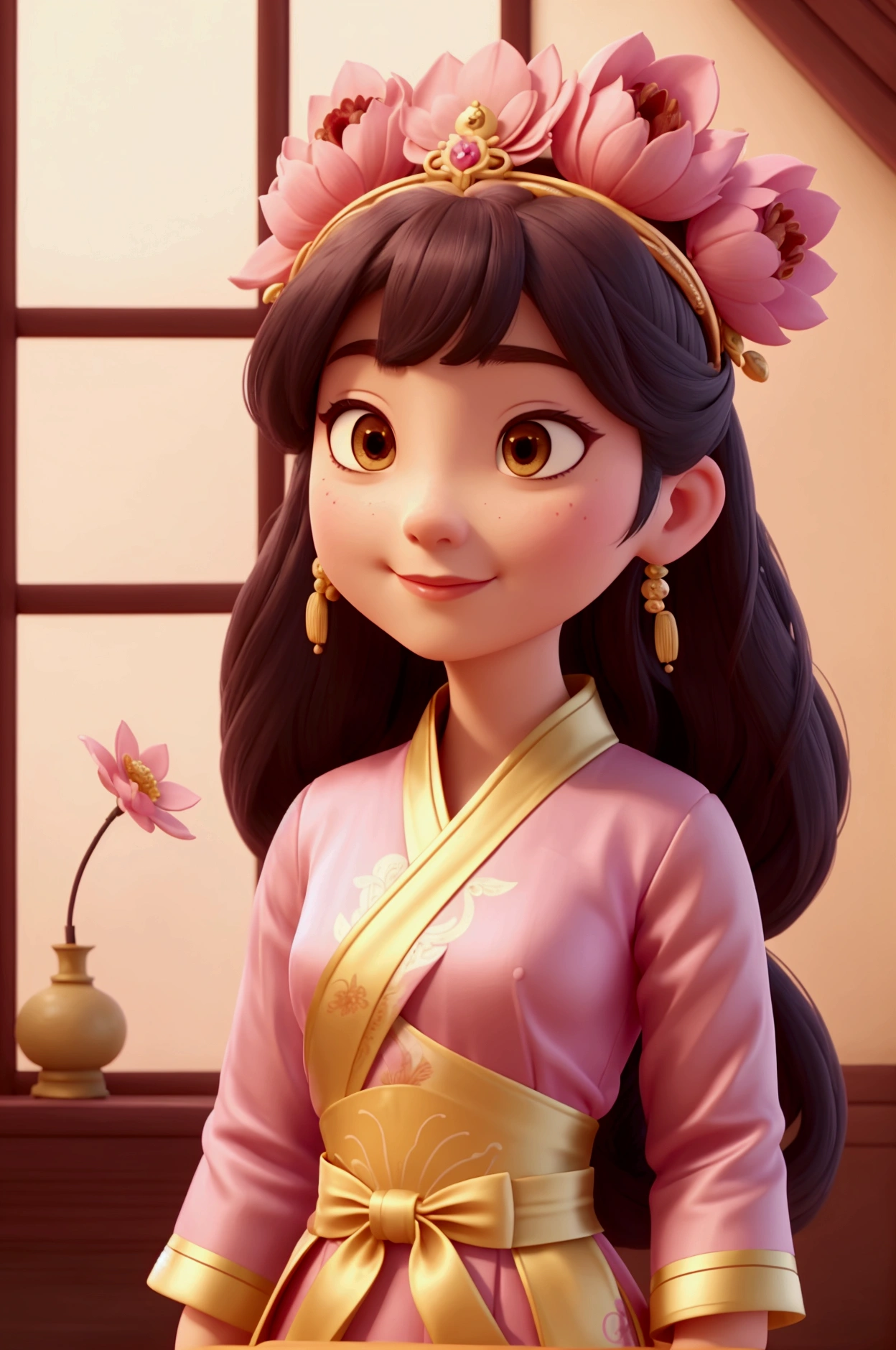 araffe woman in a pink dress with a flower crown on her head, a colorized photo inspired by Lan Ying, trending on cg society, realism, hanfu, palace ， a girl in hanfu, ancient chinese princess, a beautiful fantasy empress, ancient china art style, ancient asian dynasty princess, chinese empress, white hanfu, chinese princess,looking down,