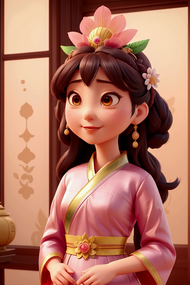 araffe woman in a pink dress with a flower crown on her head, a colorized photo inspired by Lan Ying, trending on cg society, realism, hanfu, palace ， a girl in hanfu, ancient chinese princess, a beautiful fantasy empress, ancient china art style, ancient asian dynasty princess, chinese empress, white hanfu, chinese princess,looking down,