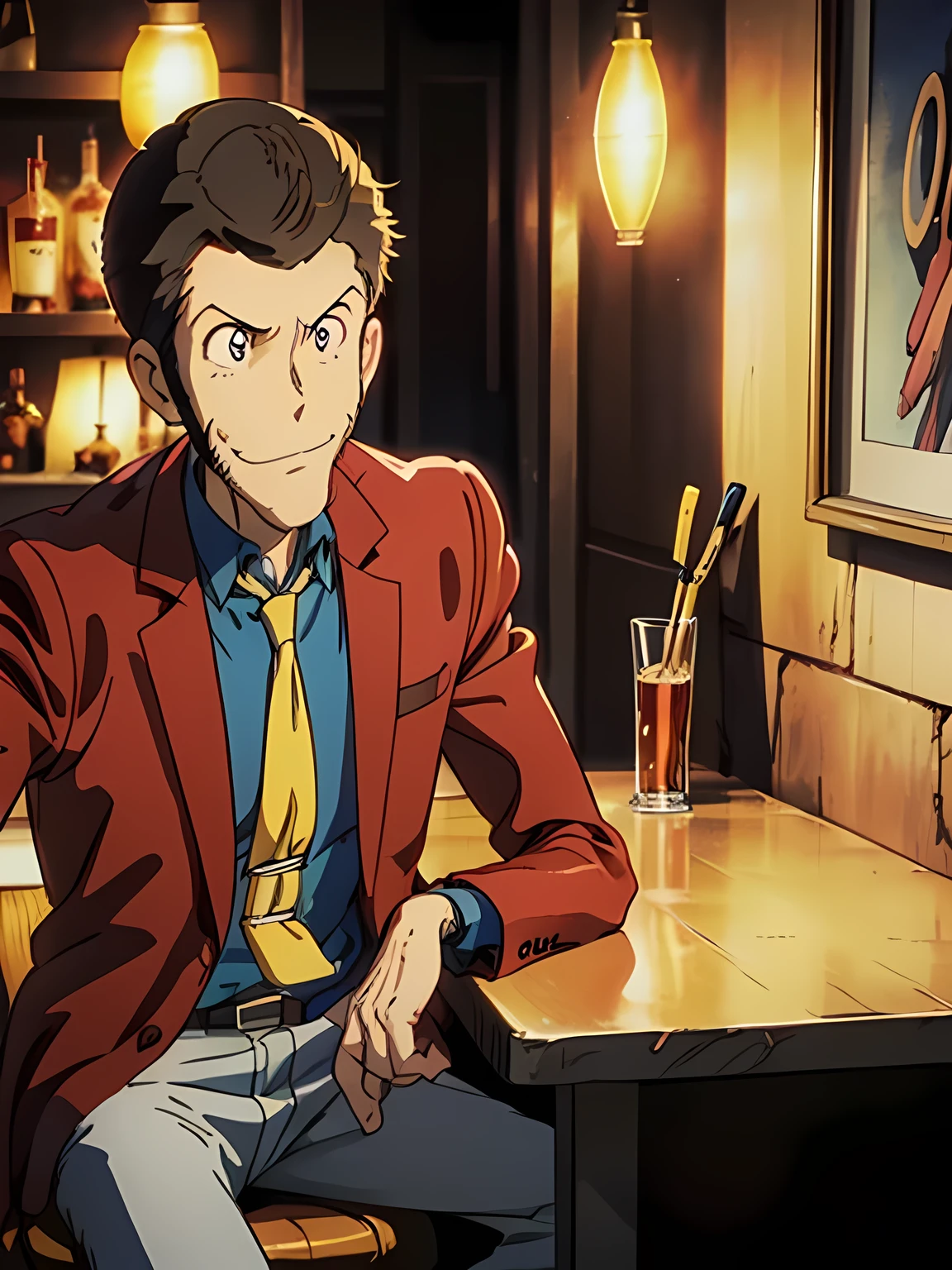 Lupin, (Red jacket, Blue shirt, yellow tie, very short hair), Close-up, Natural side Lighting, Toon Shader Rendering, ((A slightly dimly lit bar, Sit at the counter)), Surreal Scene, Slightly Smile with mouth closed, With a glass, The correct number of fingers, Nice atmosphere, Clear images, Anime style illustration 