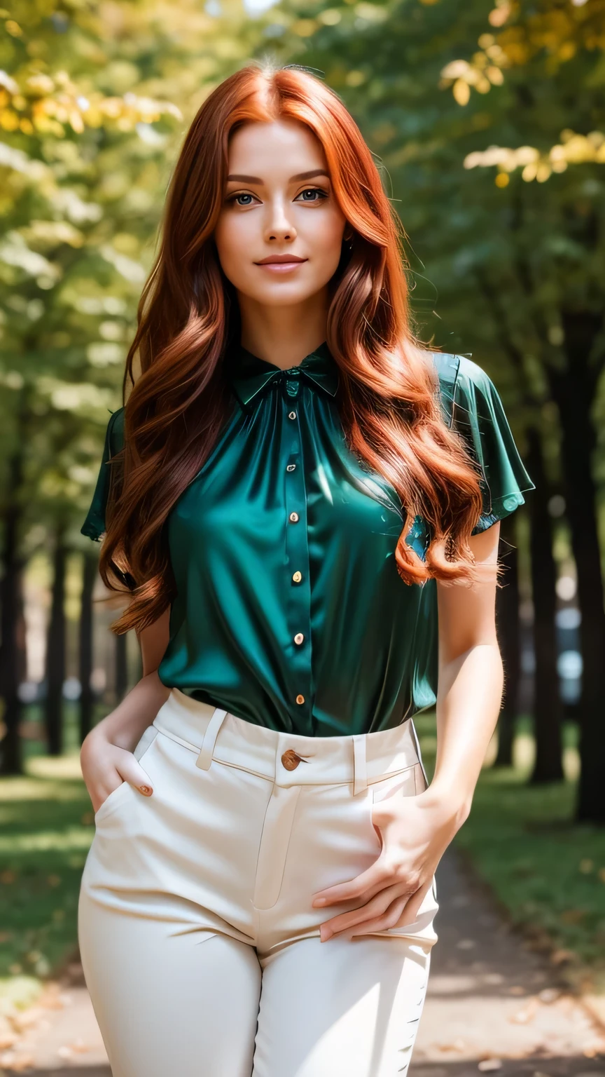 Realistic full body photo of a smiling, Young red-haired woman with long hair, She dances in front of the camera in a silk blouse with tight pants...., Park,glamour fotoshooting, Park, perfect anatomy, perfect green eyes. Perfect hands with 5 fingers on each hand, Matching girl, looking at the camera, 1 Frau. (Eye make up:1.1), (highly detailed skin:1.1), spirit, analog style, keen focus, 8K UHD, dslr, good quality, Fujifilm XT3, Grain, Award-winning, masterpiece. Park