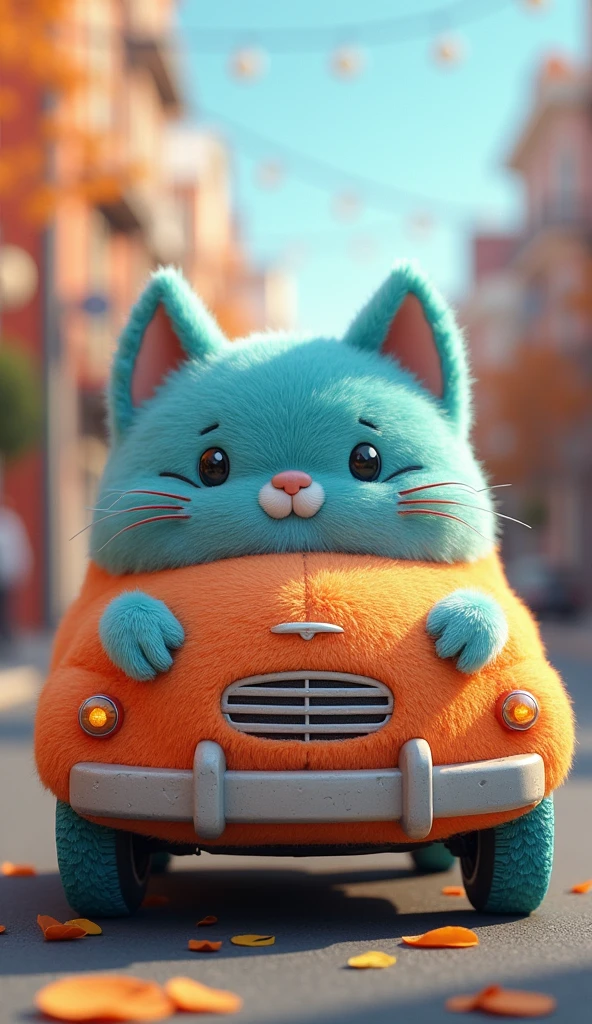 create image 3D Car with Cat's Doll skin theme, cute looked with blue-orange fur, the texture of fur is very smooth like cake, at urban side, vibrant color, shooting in high dynamic range, ultra-realistic textures, deep immersion, wide angle lens effect, ultra high details, bright colors, full body in frame, no blurring.