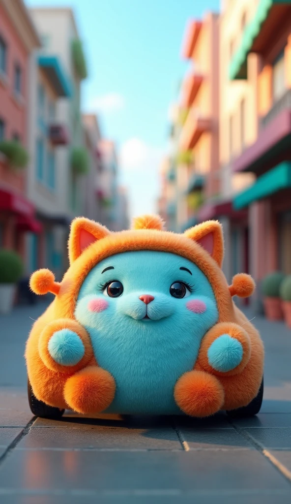 create image 3D Car with Cat's Doll skin theme, cute looked with blue-orange fur, the texture of fur is very smooth like cake, at urban side, vibrant color, shooting in high dynamic range, ultra-realistic textures, deep immersion, wide angle lens effect, ultra high details, bright colors, full body in frame, no blurring.
