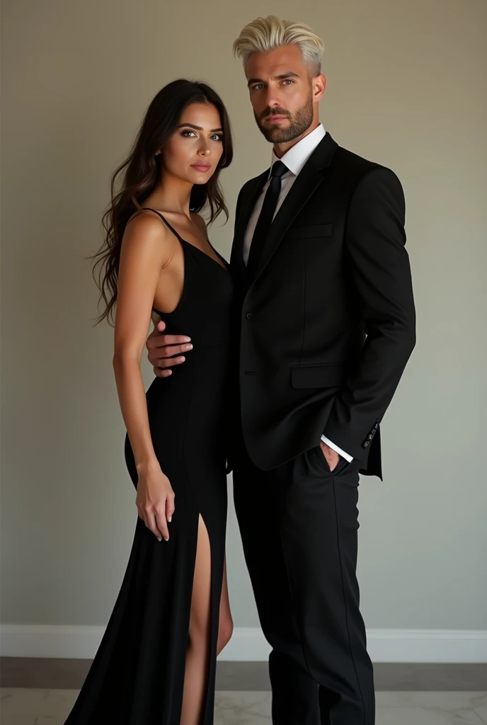 A beautiful brunette woman with long hair and dark eyes, 1.70 m tall, dressed in a black dress with a slit on the leg. Beside him is a handsome man,00 high. He has almost white blond hair and green eyes and has a beard.. The man is wearing a black three-piece suit.