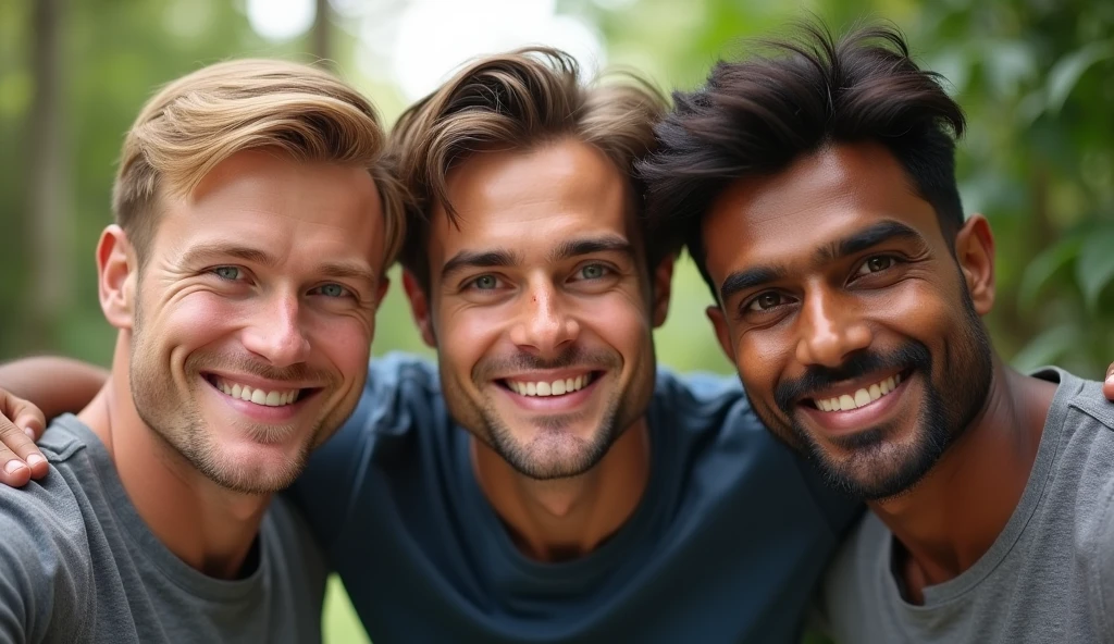 (photorealism:1.2), 1 German guy with blond hair and ice blue eyes with a height of 6'5, another Russian guy with brown eyes and brown hair with a height of 6'1, an Indian guy with brown eyes with a height of 6'2. All taking a selfie together, fully realistic, no blur, detailed