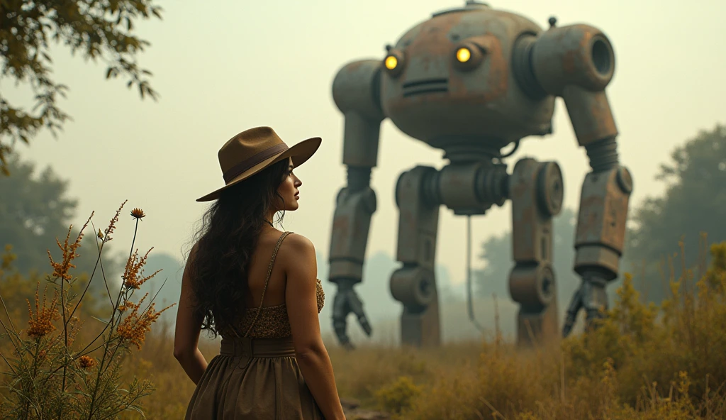 (masterpiece, UHD. Photorealistic. Analog photography.1950 style.) in a dystopian Neo retro futuristic world. An ultra hot gorgeous European woman. Age 23. Epic cleavage (100e size). Dressed like a 1930 adventuress explorer. She studies flora and fauna In the wilderness. 1930 clunky and rusty giant evil war robot with glowing eyes in the background.early morning light.
