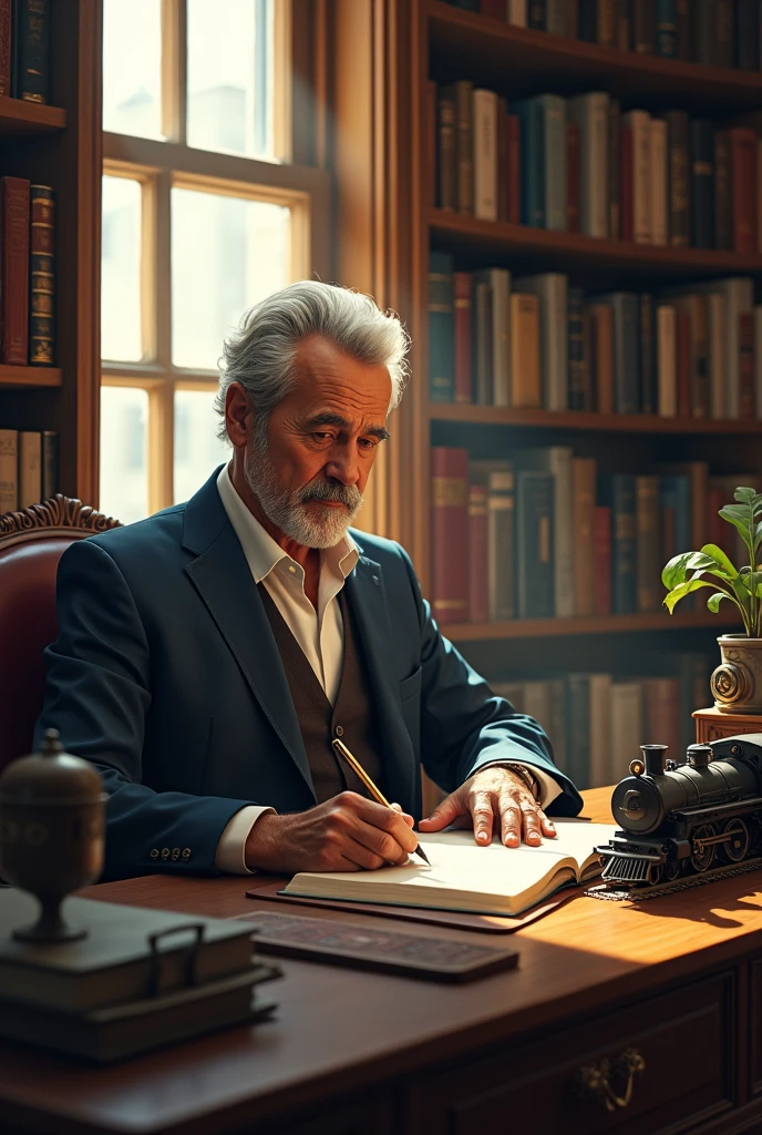 Oscar Cano writing a book about trains