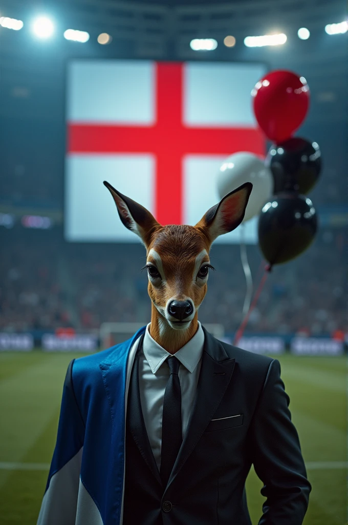 a muscular bambi, swollen chest, wearing a black suit, crying, sad expression, on the screen in the background a thick red Maltese cross, inside a soccer stadium, both are sad seeing a coffin with a flag over it highlighted in the colors blue, white, red, black balloons flying in the wind