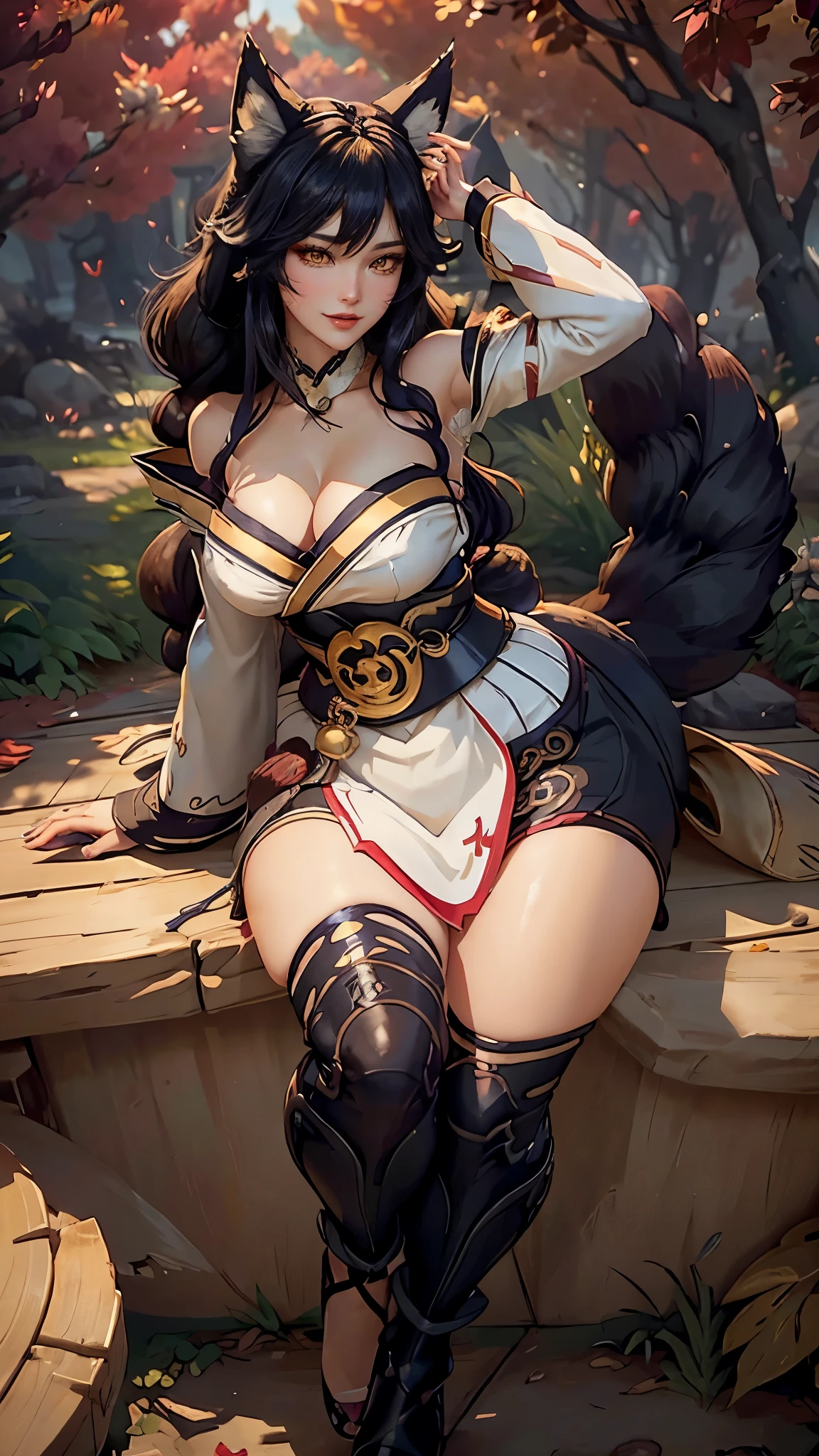 Ahri da league of legends,(best qualityer,4K,8k,high resolution, work of art:1.2)(weather: windy), 1girl, Japanese female, spirit forest background, red and white long sleeve korean kimono dress, thigh high stockings, cleavage, spirit sphere, cute makeup, tall boots, belt, long black hair, braided hair, fox ears, multiple fox tails, ultra detailed, realistic, portrait, beautiful detailed yellow eyes, beautiful detailed lips, extremely detailed eye and face, beautiful girl, long eyelashes, sexly, average, large breasts, beaming smile, dancing, stunning curves, bright coloured, dramatic lighting,