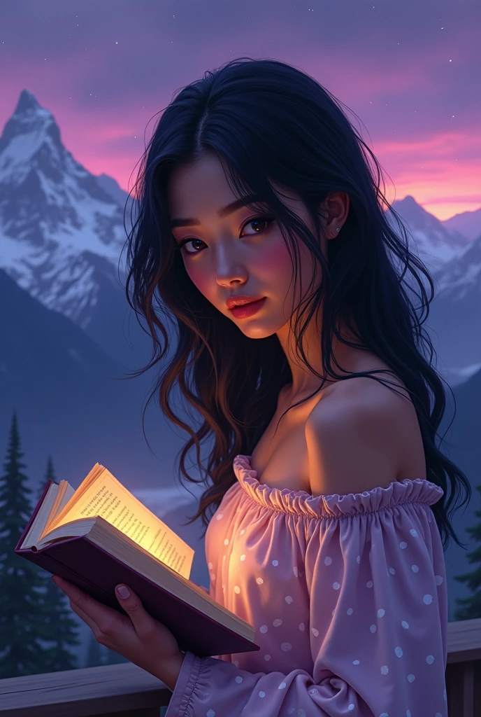 an extremely beautiful woman, dark eyed, tender, black wavy hair, with a polka dot pajama, reading a book, sitting on a balcony and a background of a rain of stars with a purple sky and mountains of Switzerland
