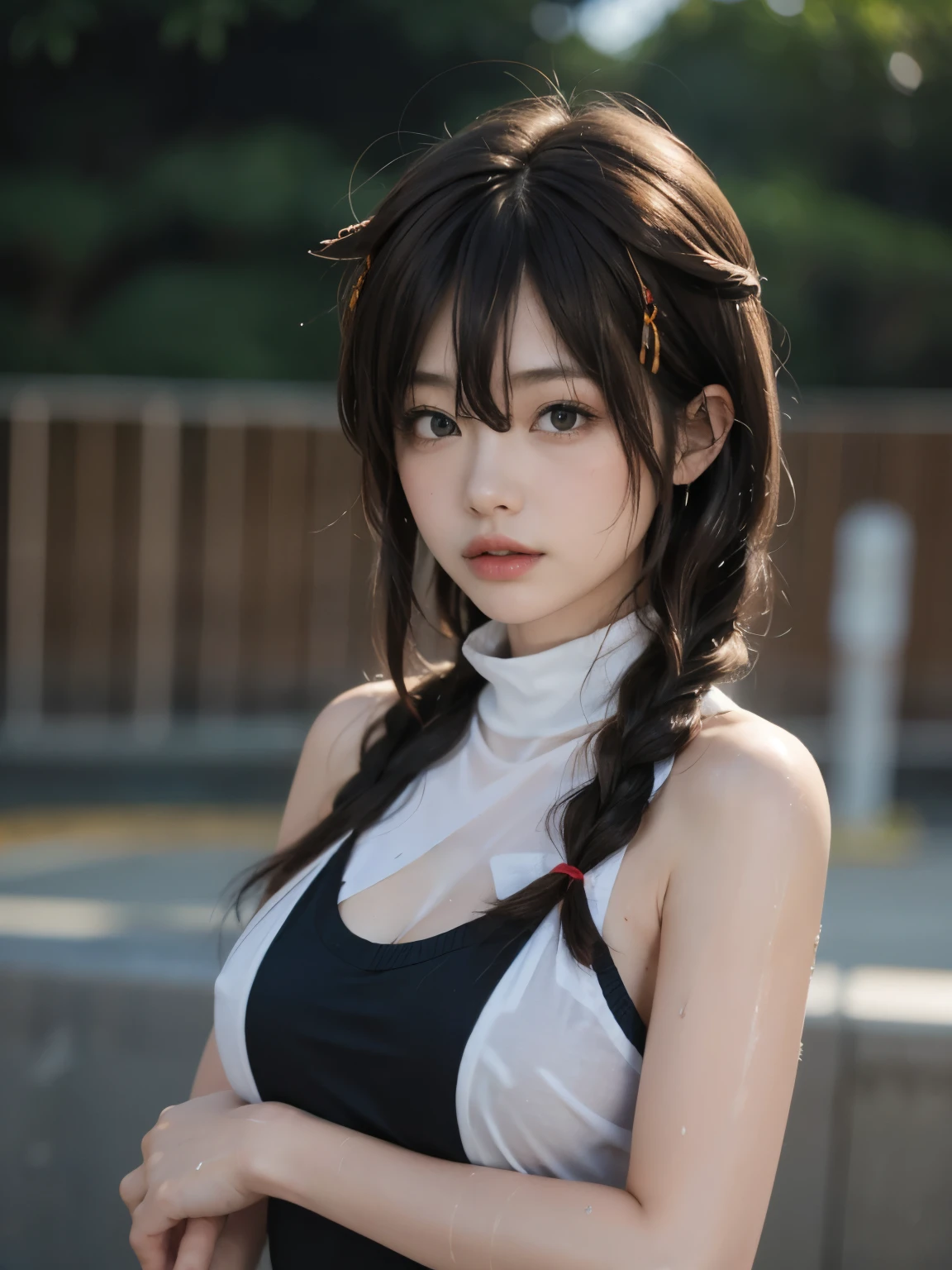 (8k, RAW Photos,Highest quality, High resolution:1.1), (Ultra-realistic:1.4),(Realistic, Realistic:1.3),The Beauty of Japan、
BREAK 65% Polyester, 35% Cotton, White sleeveless turtleneck, sleeveless, (Wet sheer sleeveless turtleneck:1.2), open clothes, Transparent nipples, 
BREAK ((Upper Body:1.3)), Lean Body, large Breasts,
BREAK 1girl, solo, s old, shigure, ahoge, single braid, hair ornament, hair flaps, hand ribbon,
BREAK ((Wet with rain)), 
