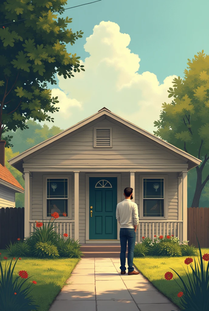 A scene of Ali's house, which is simple and neat. Ali is standing outside, thinking about his life.