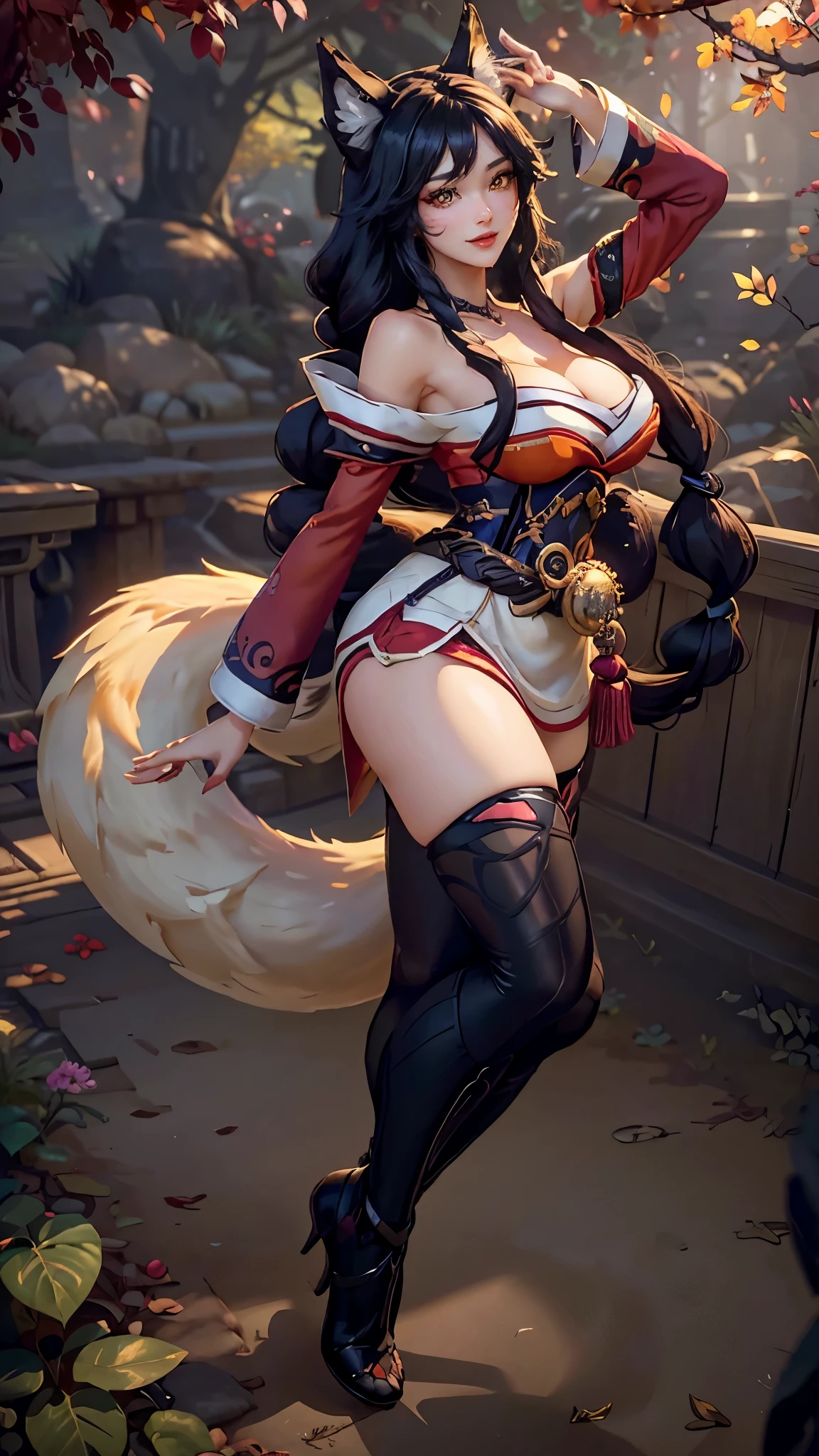 Ahri da league of legends,(best qualityer,4K,8k,high resolution, work of art:1.2)(weather: windy), 1girl, Japanese female, spirit forest background, red and white long sleeve korean kimono dress, thigh high stockings, cleavage, spirit sphere, cute makeup, tall boots, belt, long black hair, braided hair, fox ears, multiple fox tails, ultra detailed, realistic, portrait, beautiful detailed yellow eyes, beautiful detailed lips, extremely detailed eye and face, beautiful girl, long eyelashes, sexly, average, large breasts, beaming smile, casting magic, stunning curves, bright coloured, dramatic lighting,