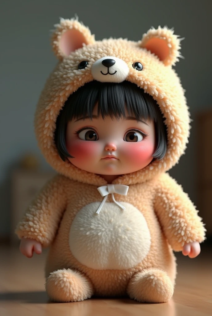 (girl),(()) ,3d images ,Highest quality 8K ,Chubby body shape,((Very fat)),Pink cheeks,podgy,Sad mood,((Very unwell)),((ill)),Put on a stuffed animal costume,Balanced lighting,blurred background,Middle of the picture