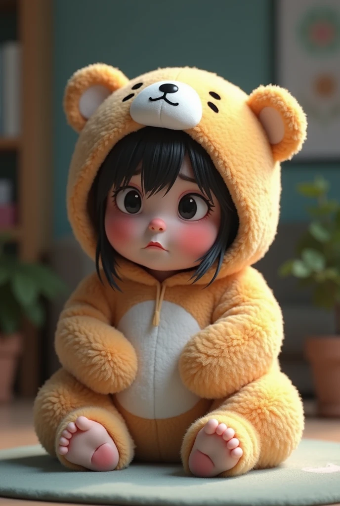 (girl),(()) ,3d images ,Highest quality 8K ,Chubby body shape,((Very fat)),Pink cheeks,podgy,Sad mood,((Very unwell)),((ill)),Put on a stuffed animal costume,Balanced lighting,blurred background,Middle of the picture