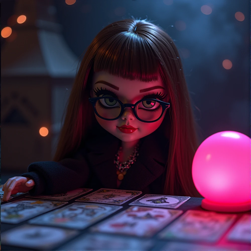  lady  doll bratz without bangs in round glasses with brown hair,  in front of her on the a lot of tarot card table. There is a dark atmosphere around. There is a pink night light on the table that makes the room pink
