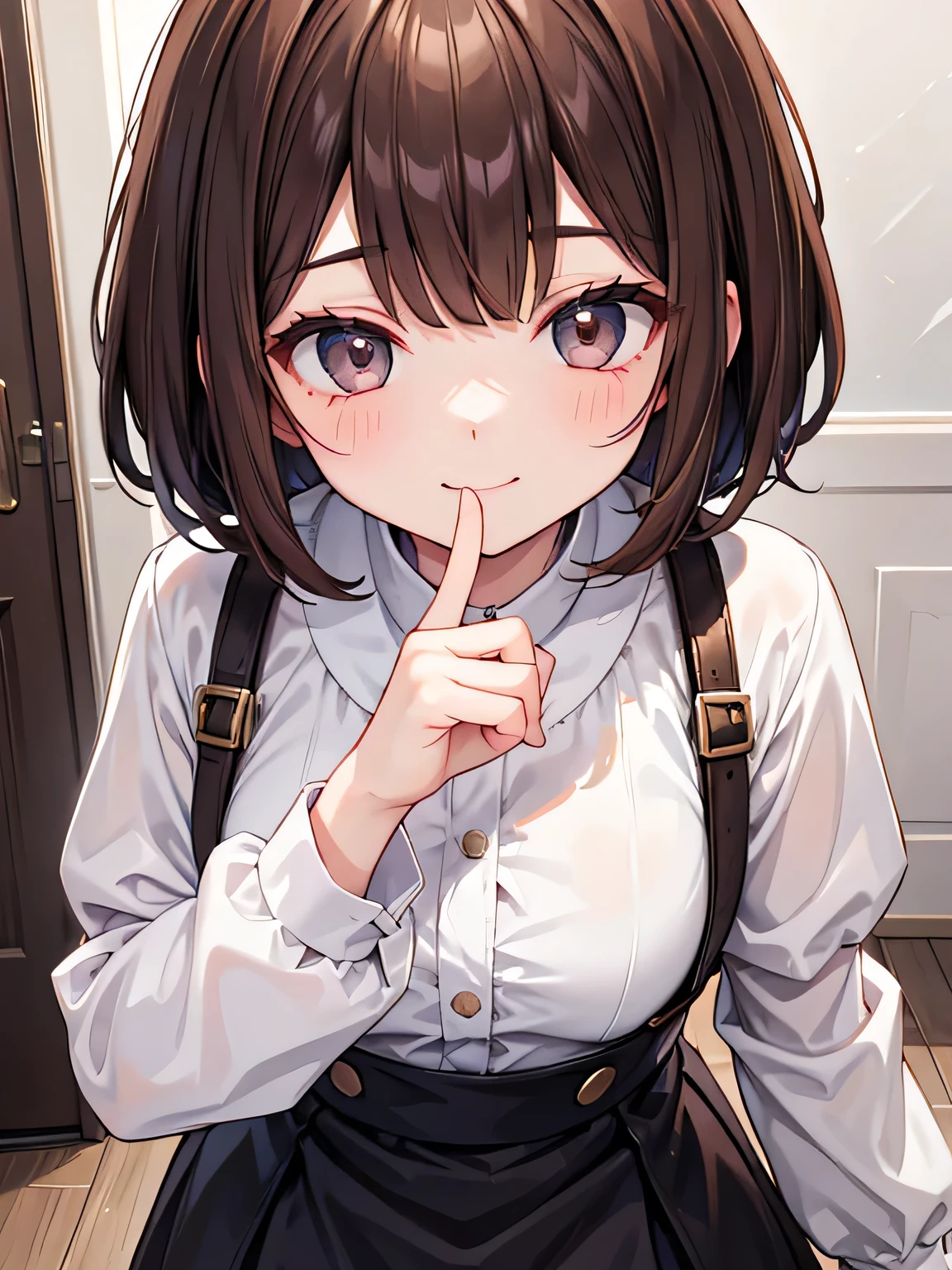 woman、Index finger to mouth、smile、Brown Hair、Bobcut